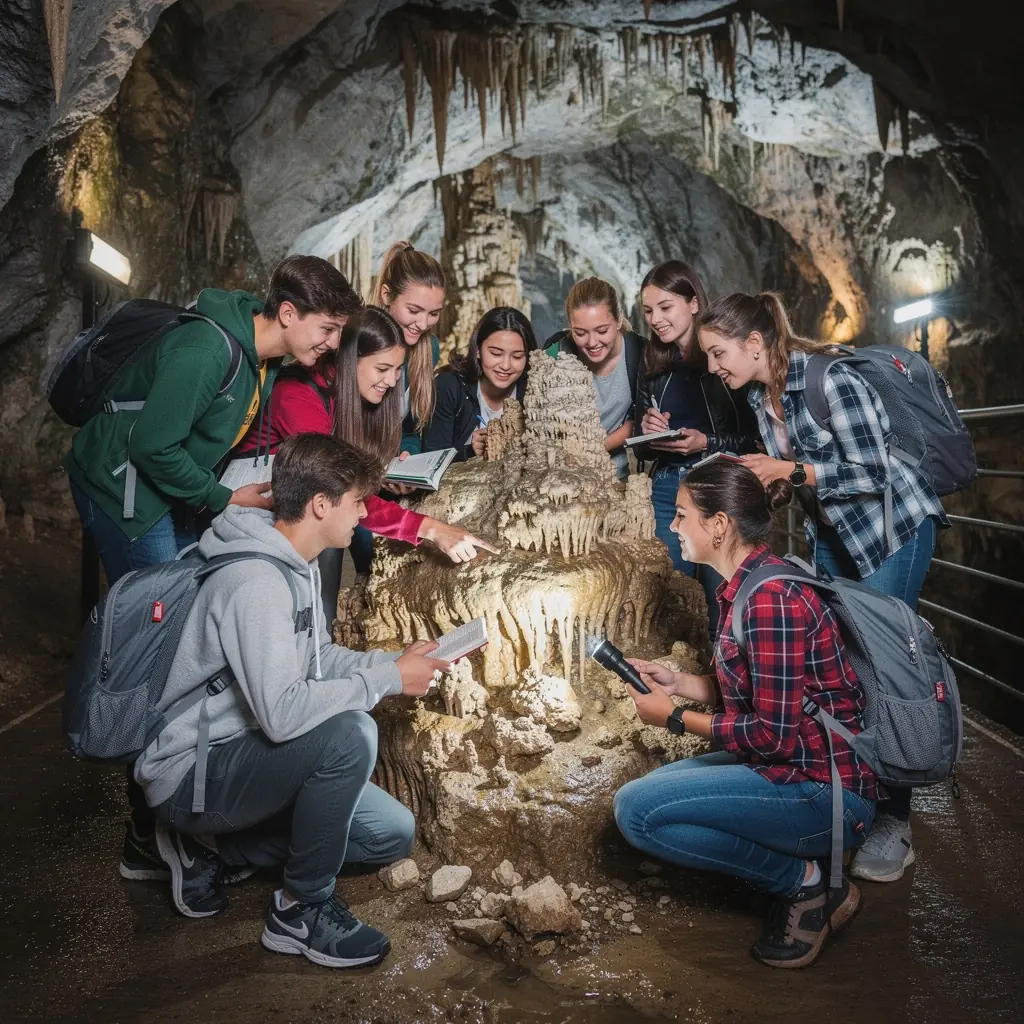An adventurous group of tourists exploring a vast underground cave system, marveling at the unique rock formations.