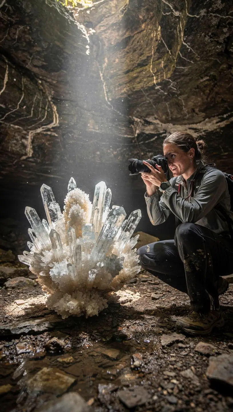 A guide leading a speleology tour through a narrow passageway, surrounded by stunning geological features and natural wonders.