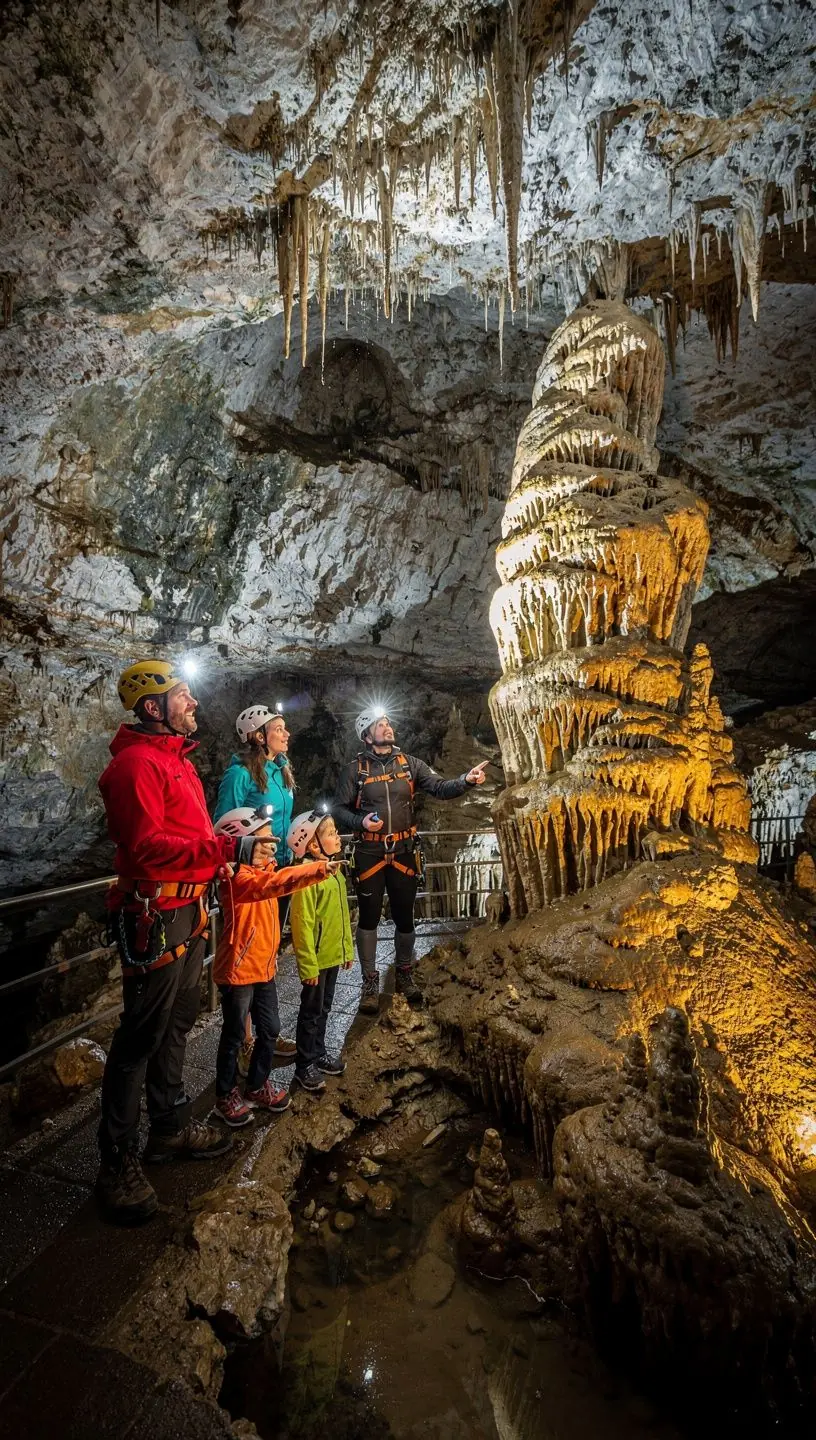 A serene underground lake reflecting the cave's stalactites above, creating a magical and tranquil atmosphere for visitors.